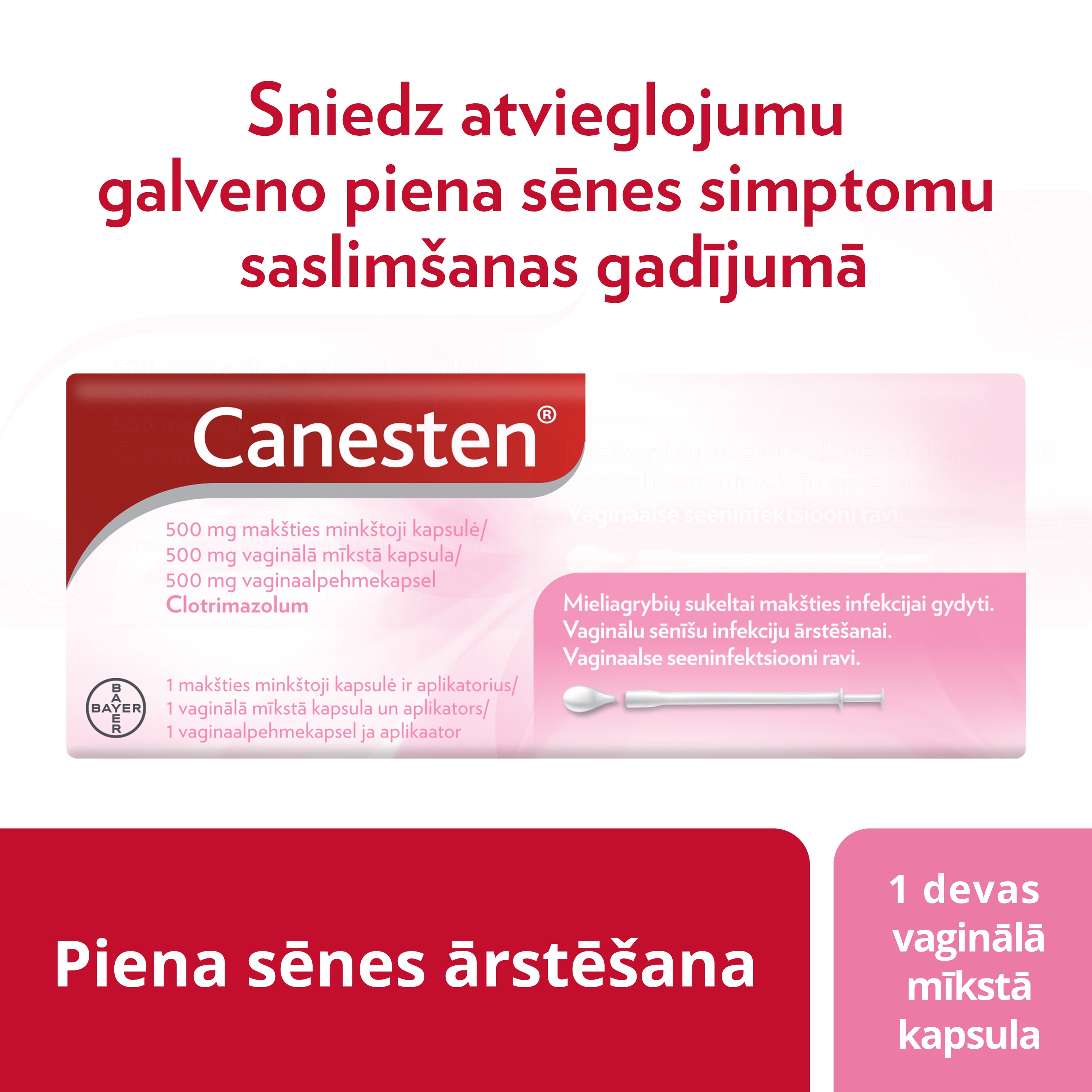 Lokāla maksts sēnīšu infekcijas ārstēšana ar vienas devas vaginālo mīksto kapsulu: ​​Canesten vaginālā mīkstā kapsula